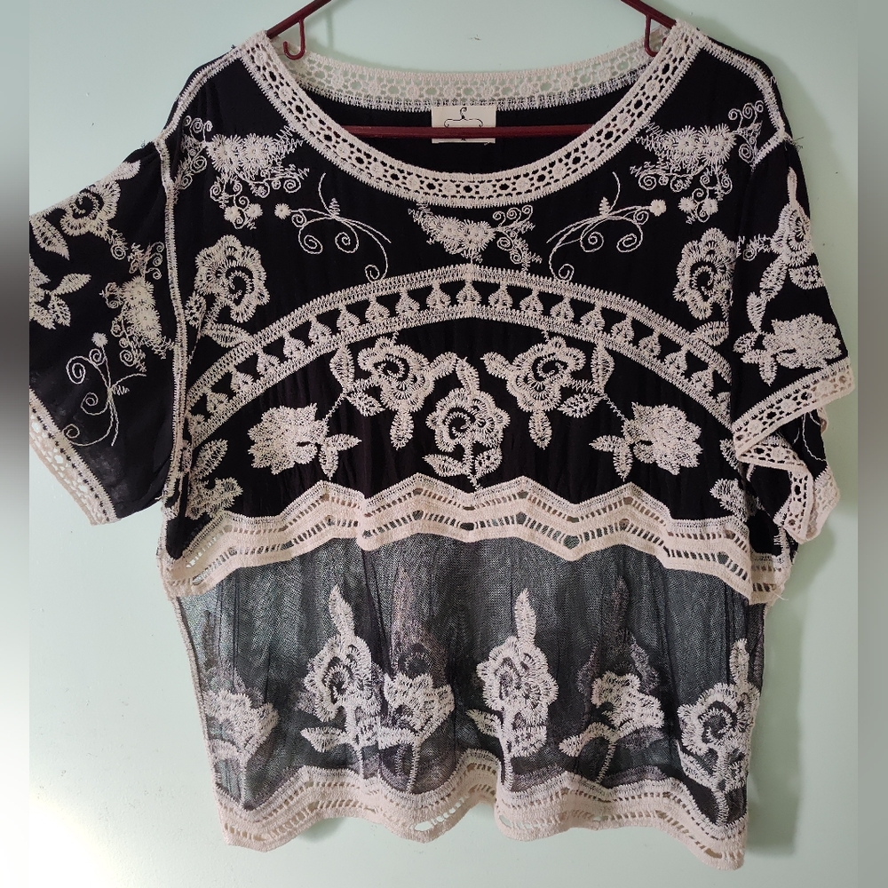 Ember x Anthropologie Black & Cream Embroidered Top